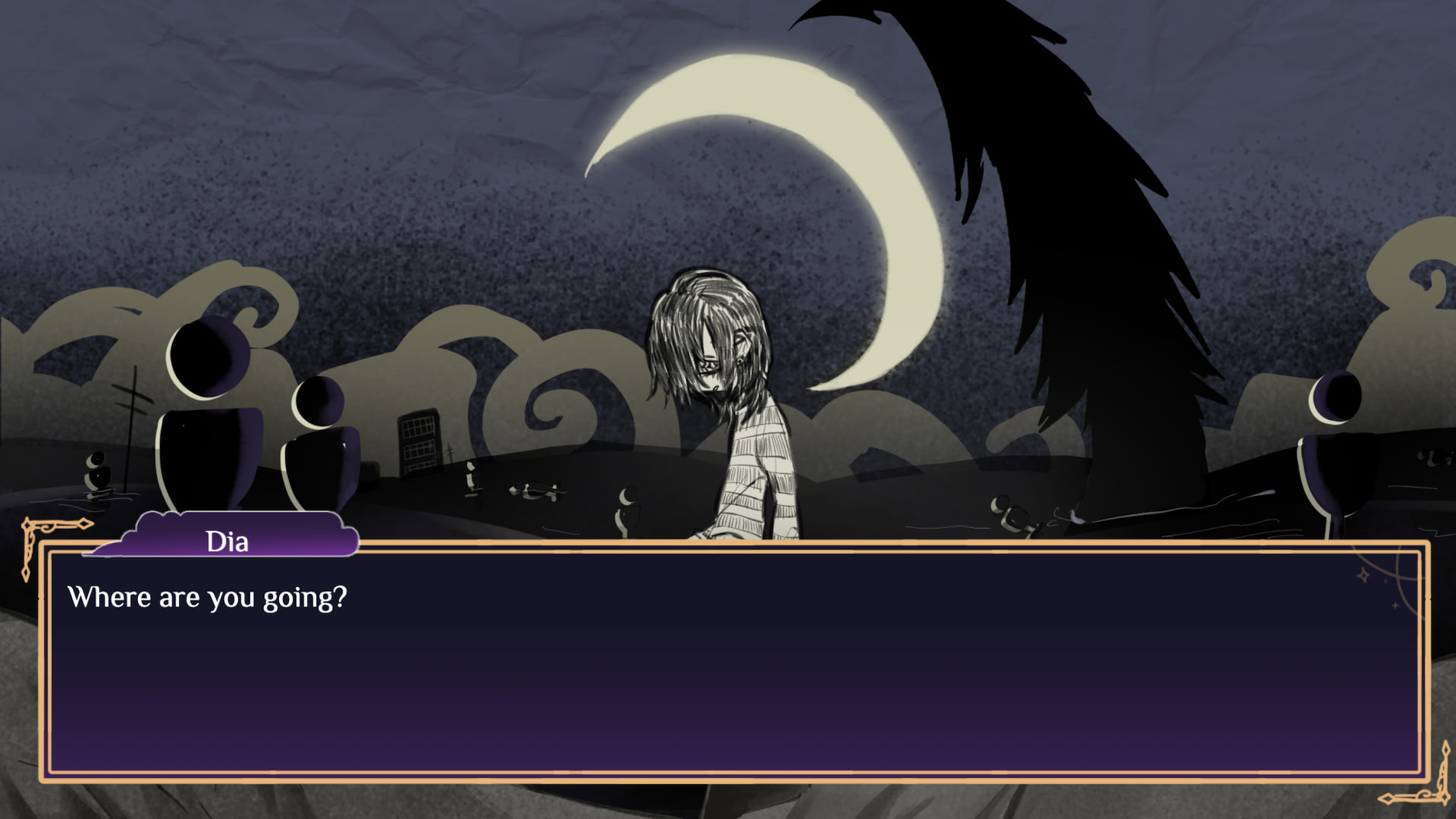 Dia standing beneath a crescent moon in a dark DiaLune scene
