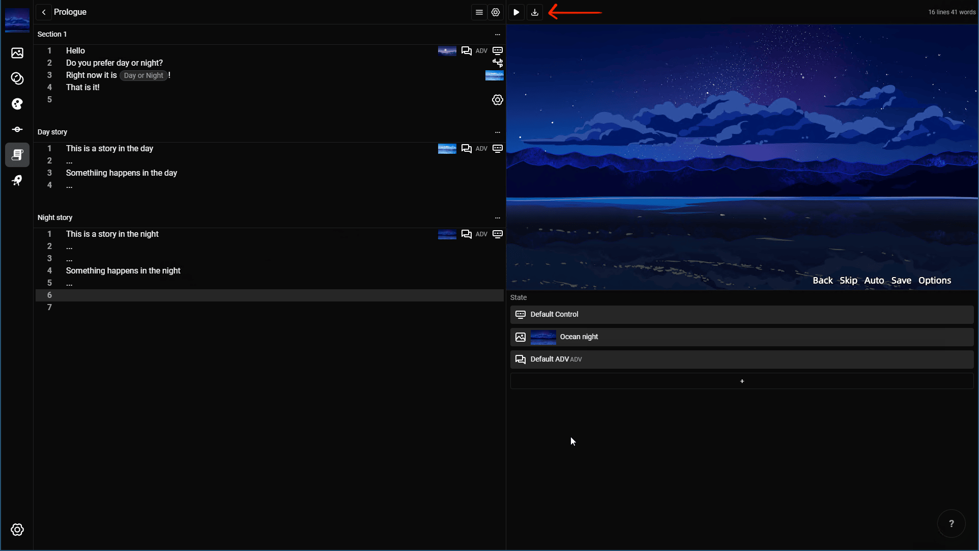 Scene Editor with the canvas screenshot download button highlighted
