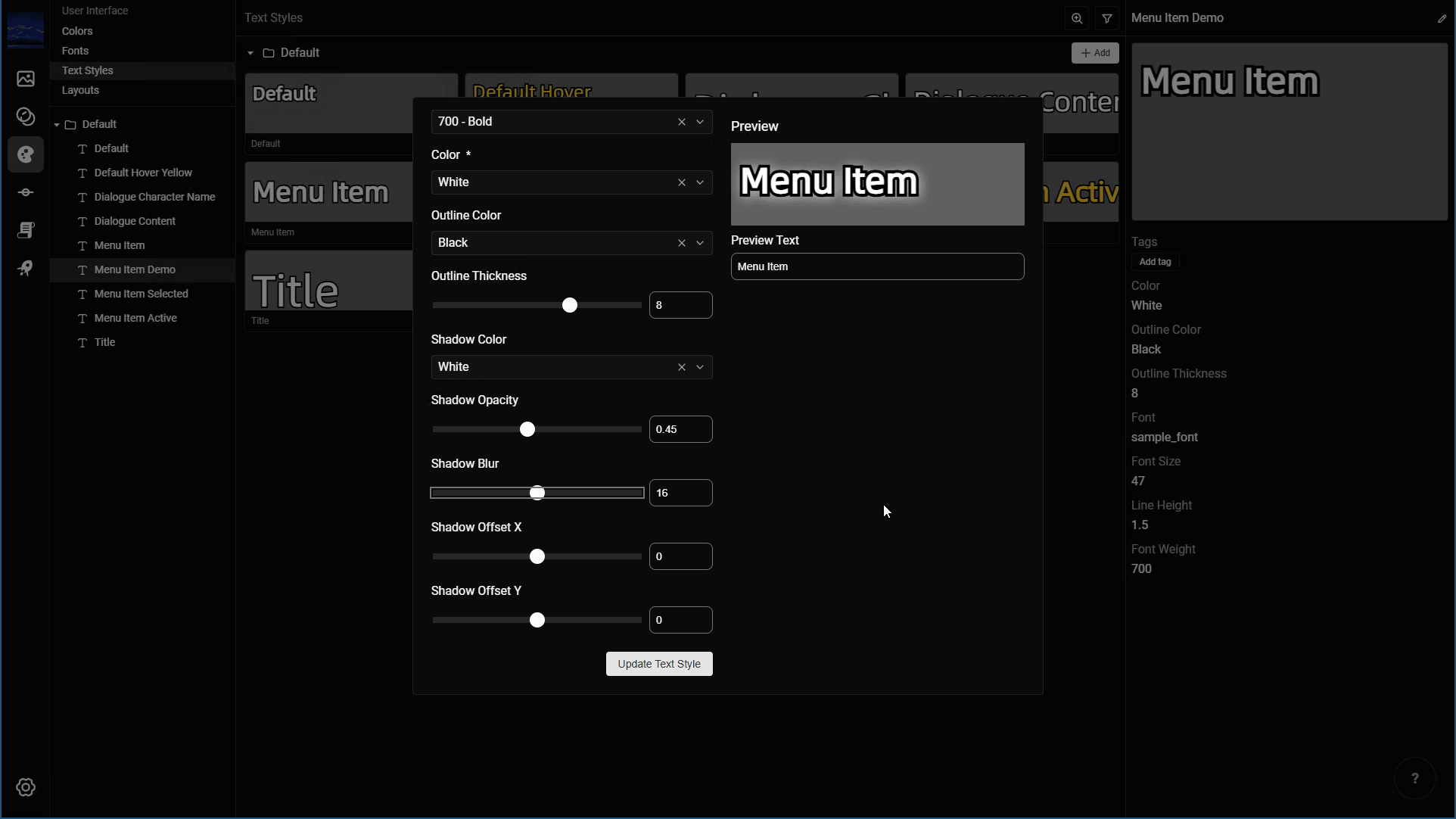 Text style editor with shadow settings and a preview